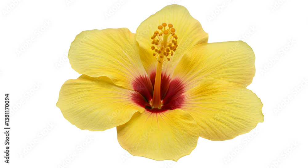 Yellow Hibiscus Flower Close-Up with Red Center on White Background Yellow Hibiscus Flower Close-Up with Red Center on White Background