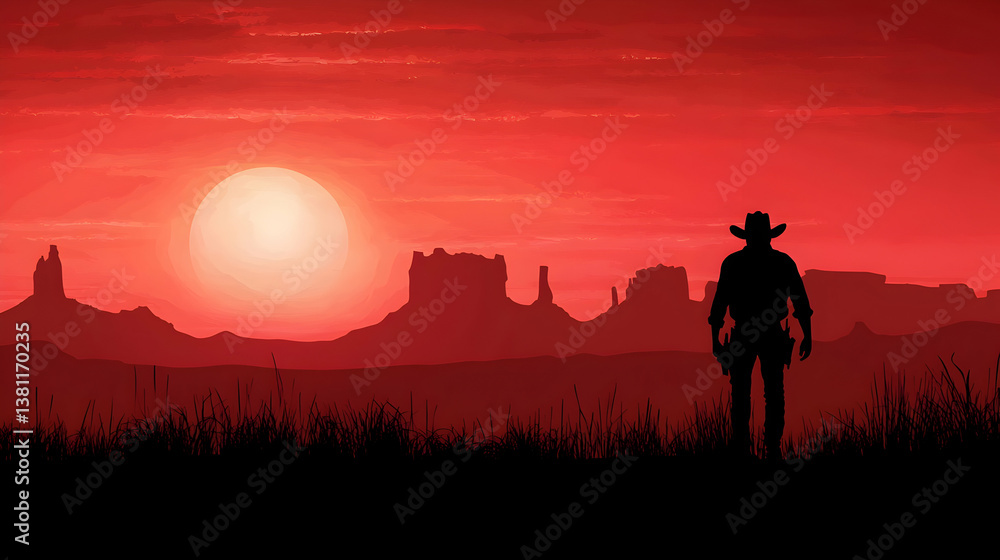 Silhouette of a Cowboy at Sunset in a Red Desert Landscape Silhouette of a Cowboy at Sunset in a Red Desert Landscape