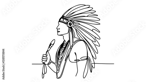 minimalist continuous one line drawing illustration of an Indian tribal chief 