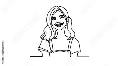 drawing illustration of teenage girl with braces smiling using one continuous line 