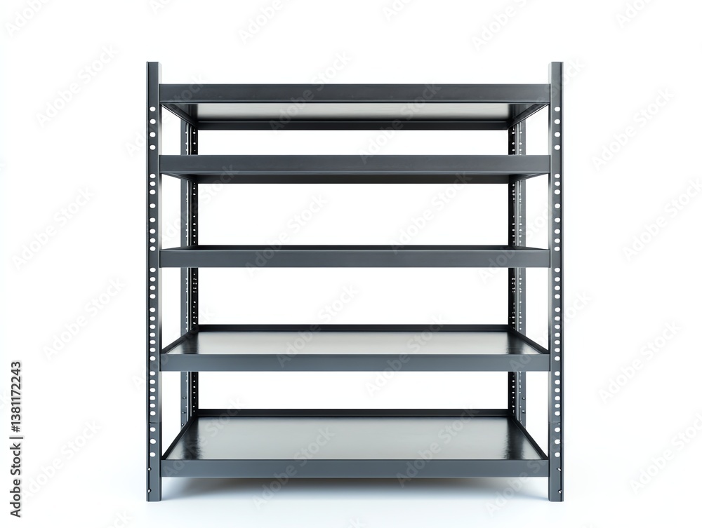 Empty Metal Shelving Unit with Five Shelves Isolated on White Background