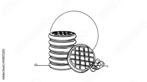 vector illustration of realistic Round waffles using one continuous line 