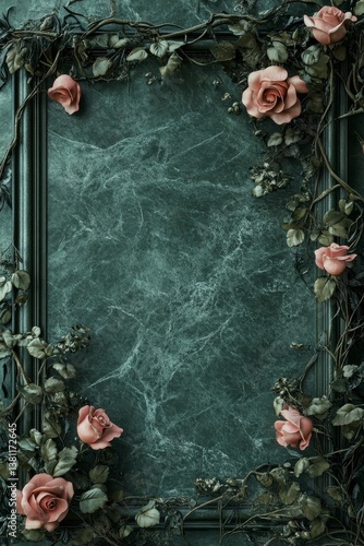 Dark Teal Grunge Background with Pink Roses and Vines Frame