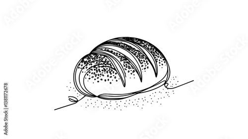 Bread roll covered with sesame seeds using one continuous line 