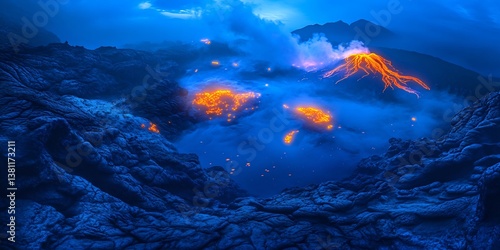 Surreal scene of bioluminescent fish swimming in dark deep sea waters glowing softly under the eerie light of an underwater volcano