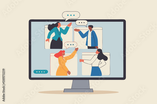 Online discussion board, group chat or video focused group meeting, online conference talking, team chat or technology for team conversation concept, business people chatting dialogue in computer.