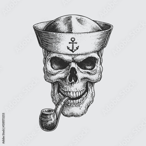 Illustration of sailor skull with smoking pipe.