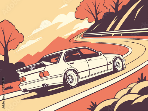 Retro Red Car on Mountain Road – Vector Travel Illustration