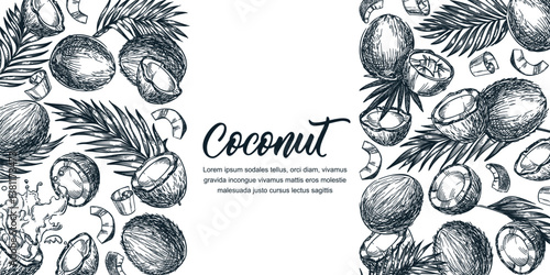 Coconut label package design template. Vector sketch illustration. Broken coco nuts and palm leaves on white background
