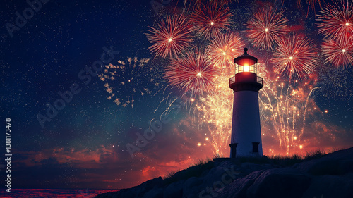 Rhode Island lighthouse illuminated by fireworks during an Independence Day celebration