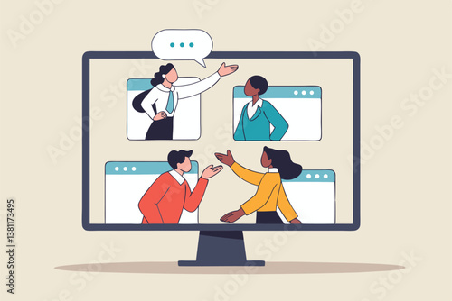 Online discussion board, group chat or video focused group meeting, online conference talking, team chat or technology for team conversation concept, business people chatting dialogue in computer.