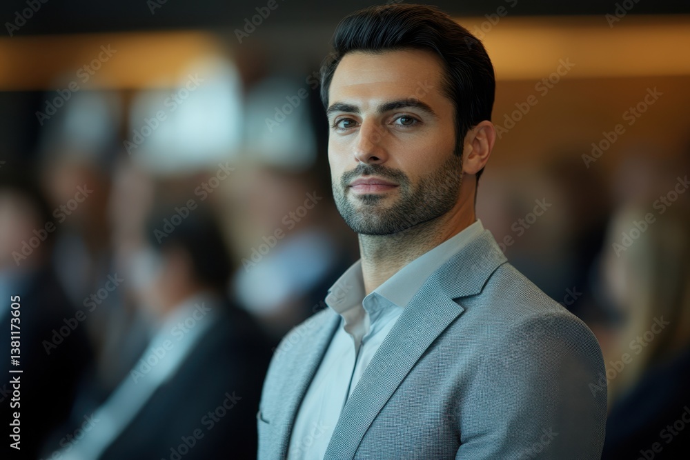 Confident young man in a blazer stands among a crowd at a professional event Confident young man in a blazer stands among a crowd at a professional event