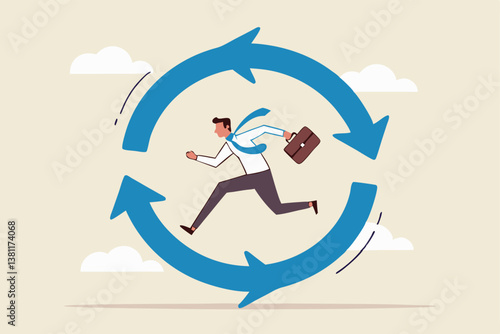 Working habit, life cycle or daily routine behavior, agile development, discipline or working efficiency, procedure or process to success concept, businessman running on habit circle arrow diagram.