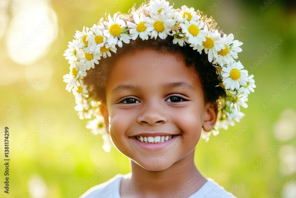 Smiling black child boy with tt hair wearing white flower circlet on his head. Happy sunny days holidays artwork. Sunny daylight. Little boy enjoying flower magic. Child in nature with blossoms. Smiling black child boy with tt hair wearing white flower circlet on his head. Happy sunny days holidays artwork. Sunny daylight. Little boy enjoying flower magic. Child in nature with blossoms.
