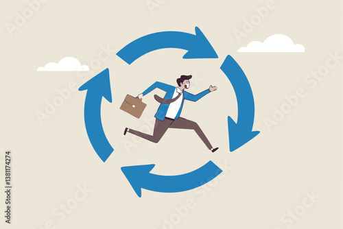 Working habit, life cycle or daily routine behavior, agile development, discipline or working efficiency, procedure or process to success concept, businessman running on habit circle arrow diagram.