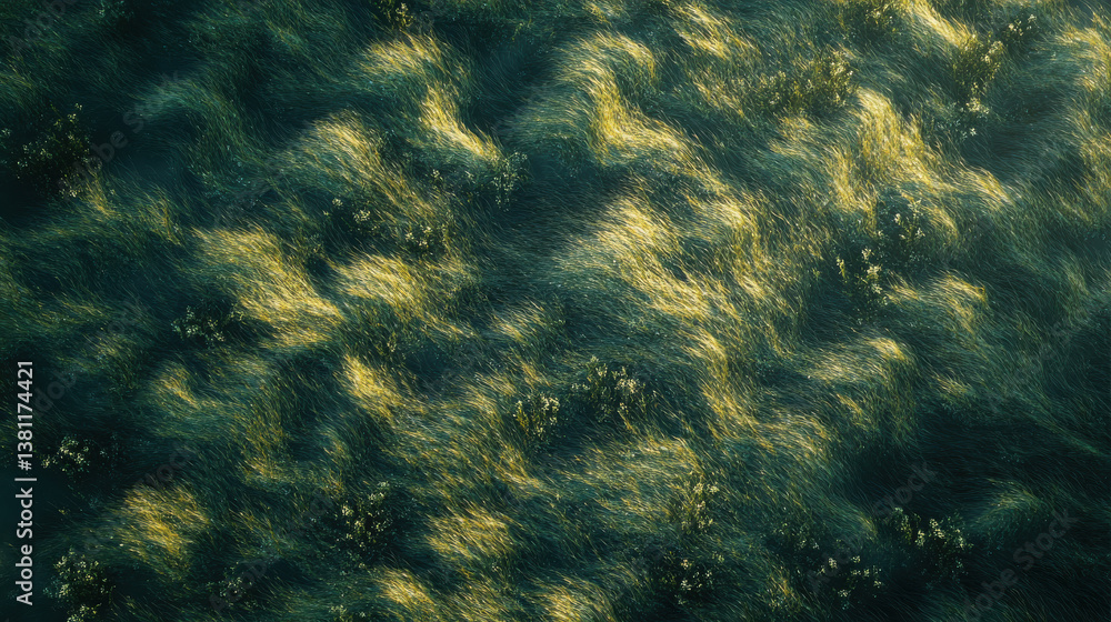 Artistic shot of soft field grass gently bending in synchronized motion, seen from above, forming natural wave patterns