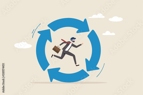 Working habit, life cycle or daily routine behavior, agile development, discipline or working efficiency, procedure or process to success concept, businessman running on habit circle arrow diagram.