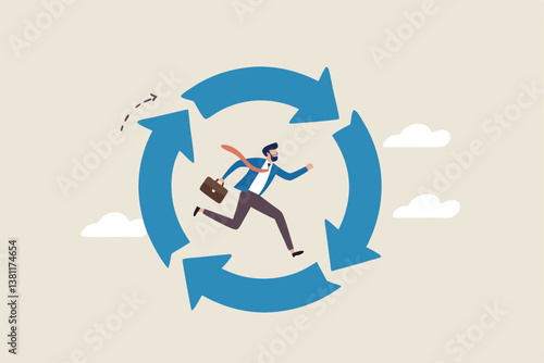 Working habit, life cycle or daily routine behavior, agile development, discipline or working efficiency, procedure or process to success concept, businessman running on habit circle arrow diagram.