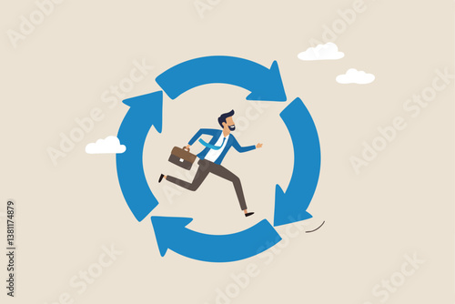 Working habit, life cycle or daily routine behavior, agile development, discipline or working efficiency, procedure or process to success concept, businessman running on habit circle arrow diagram.