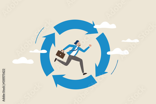Working habit, life cycle or daily routine behavior, agile development, discipline or working efficiency, procedure or process to success concept, businessman running on habit circle arrow diagram.