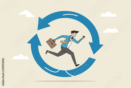 Working habit, life cycle or daily routine behavior, agile development, discipline or working efficiency, procedure or process to success concept, businessman running on habit circle arrow diagram.