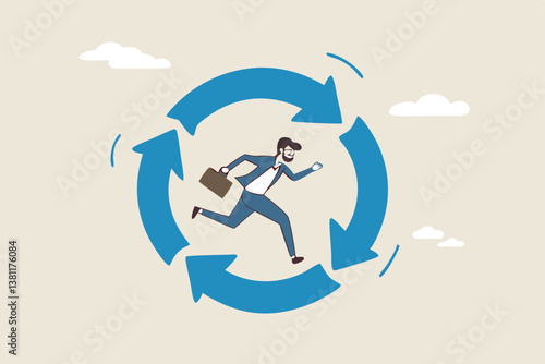 Working habit, life cycle or daily routine behavior, agile development, discipline or working efficiency, procedure or process to success concept, businessman running on habit circle arrow diagram.