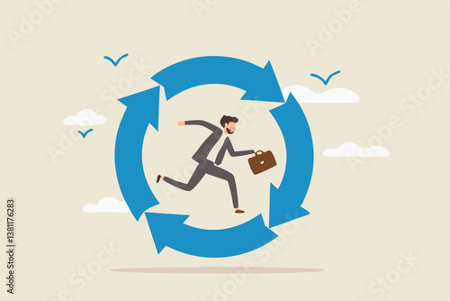 Working habit, life cycle or daily routine behavior, agile development, discipline or working efficiency, procedure or process to success concept, businessman running on habit circle arrow diagram.
