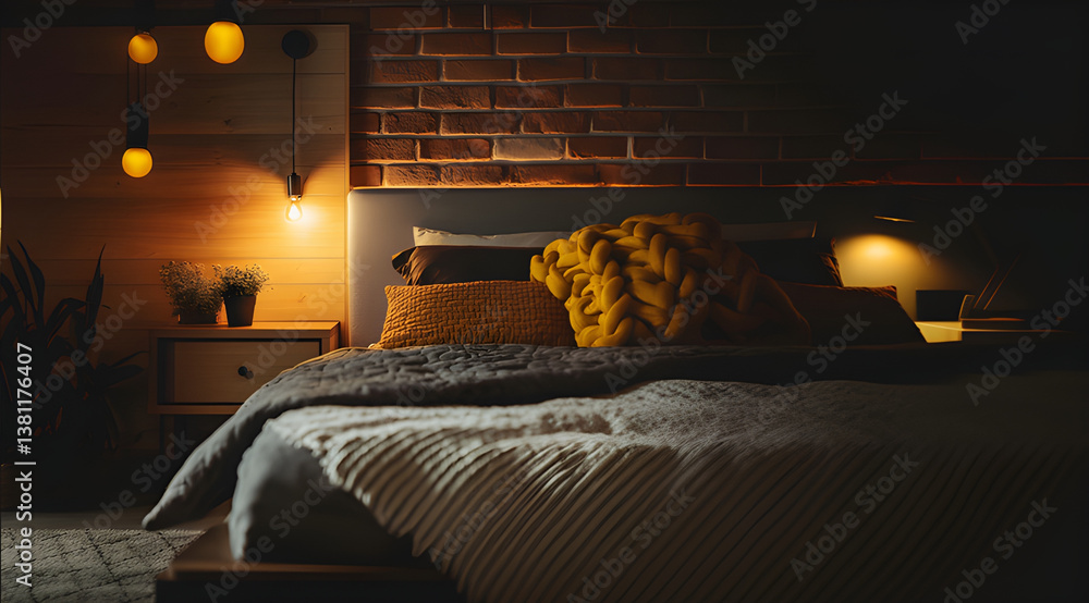 A bedside table in an apartment with a modern interior design, illuminated by warm lighting and featuring decorative elements such as wooden panels on one wall and brick walls behind it.