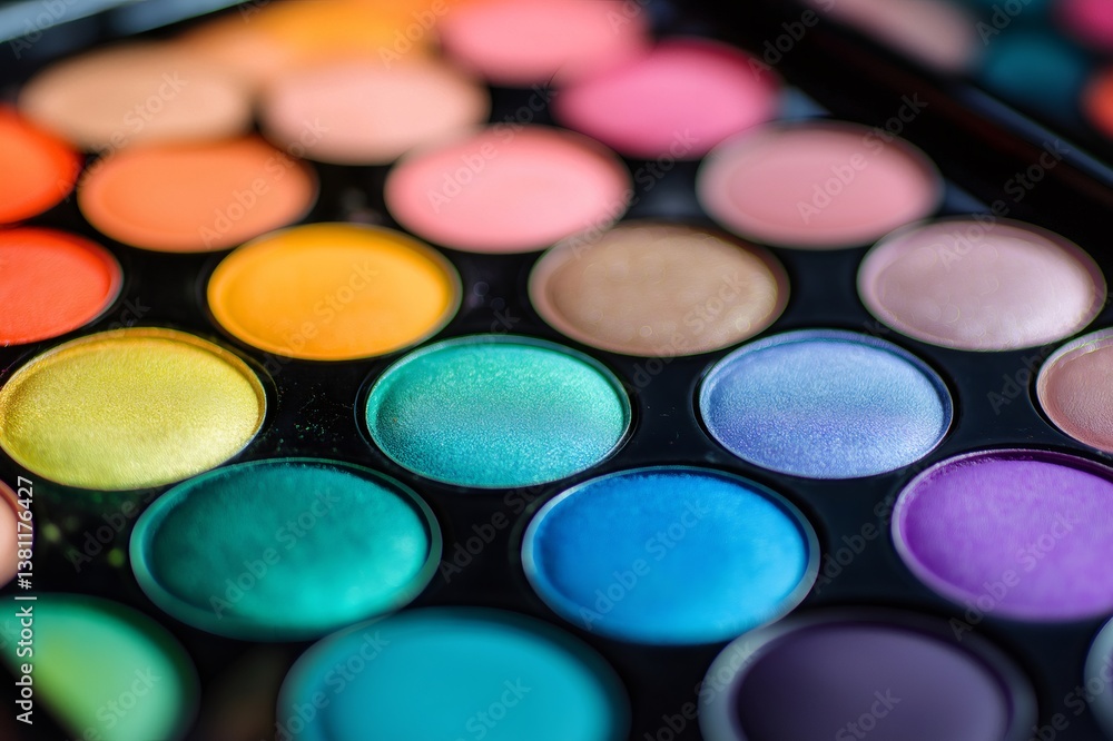 Close up of a makeup palette displaying a variety of vibrant and colorful eyeshadows, perfect for professional makeup artists Close up of a makeup palette displaying a variety of vibrant and colorful eyeshadows, perfect for professional makeup artists