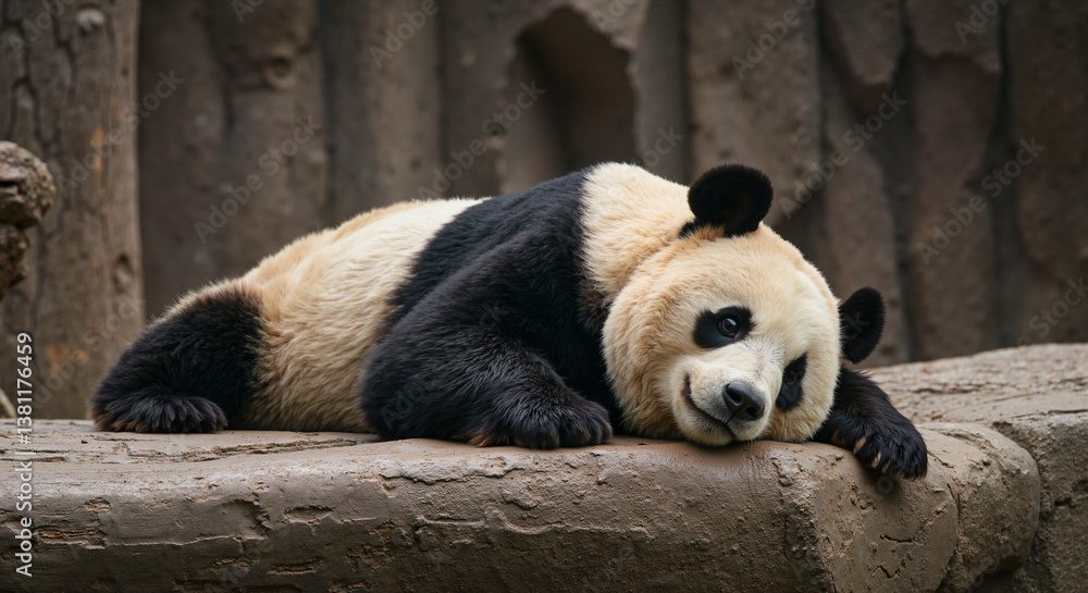 Fototapeta premium Panda resting peacefully on a rock in a natural habitat 