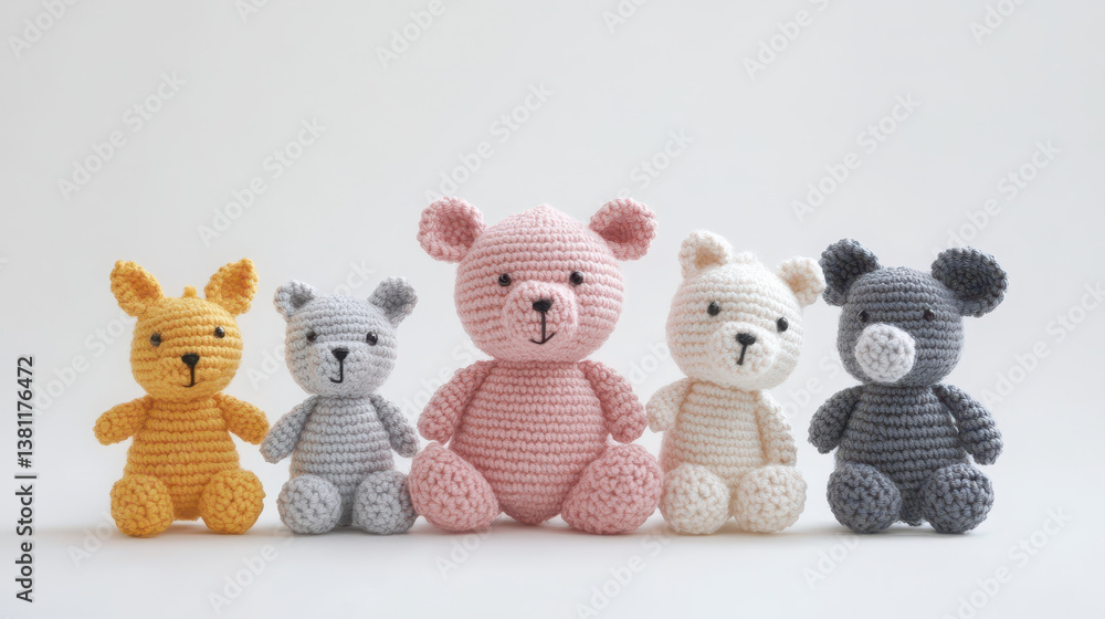 Handmade crocheted toy animals in soft colors, featuring variety of adorable bear designs. These charming toys evoke warmth and joy, perfect for gifts or decor Handmade crocheted toy animals in soft colors, featuring variety of adorable bear designs. These charming toys evoke warmth and joy, perfect for gifts or decor