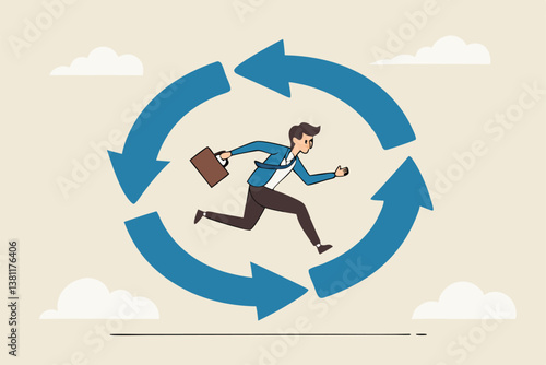 Working habit, life cycle or daily routine behavior, agile development, discipline or working efficiency, procedure or process to success concept, businessman running on habit circle arrow diagram.