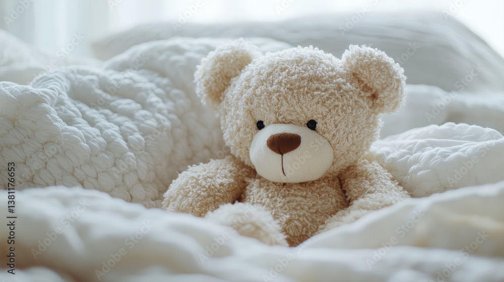 Fototapeta premium Soft plush teddy bear sitting on cozy bed surrounded by soft blankets, evoking sense of warmth and comfort. This adorable toy adds touch of innocence to any space