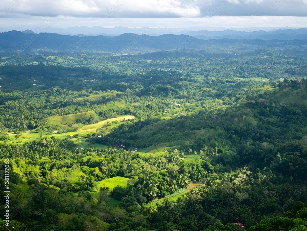 Obraz premium Aerial View of Lush Greenery and Rolling Hills: Panoramic Landscape with Mountains, Valleys, and Scenic Sky - Perfect for Travel and Adventure Enthusiasts