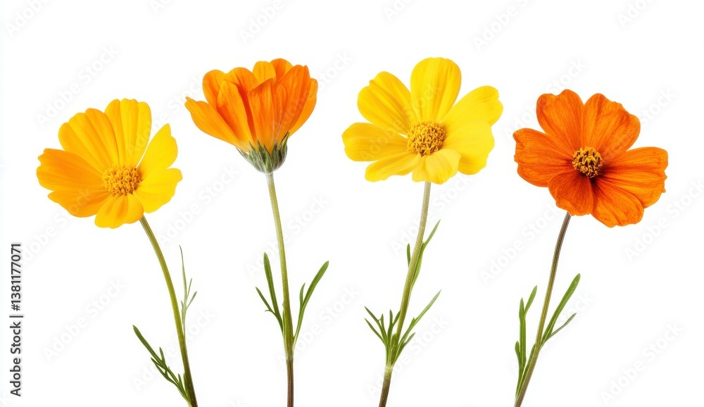 Fototapeta premium Four Vibrant Orange and Yellow Cosmos Flowers on White
