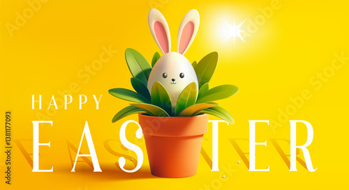 Easter greetings concept. 3D Easter eggs with bunny ears. Flower pot with Easter eggs. Happy easter horizontal banner, greeting card, postcard, poster, flyer, hunting holiday design. Yellow background