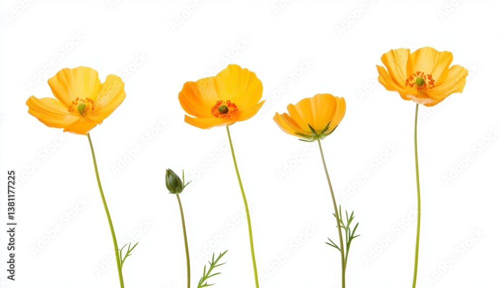 Obraz premium Four Yellow Wildflowers in Stages of Bloom Against White Background