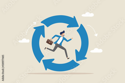 Working habit, life cycle or daily routine behavior, agile development, discipline or working efficiency, procedure or process to success concept, businessman running on habit circle arrow diagram.