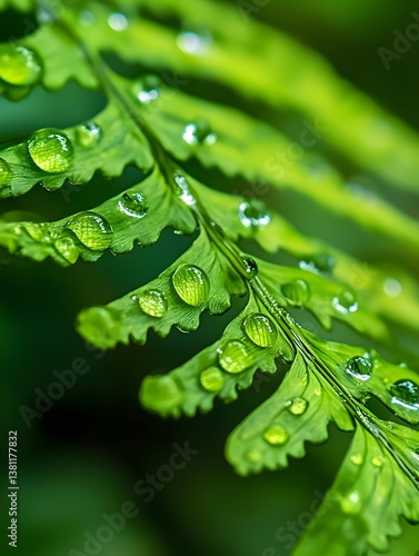 Fern Leaves with Water Droplets: Macro Nature Photography Showcasing Greenery and Tropical Freshness in Lush Rainforest Environment