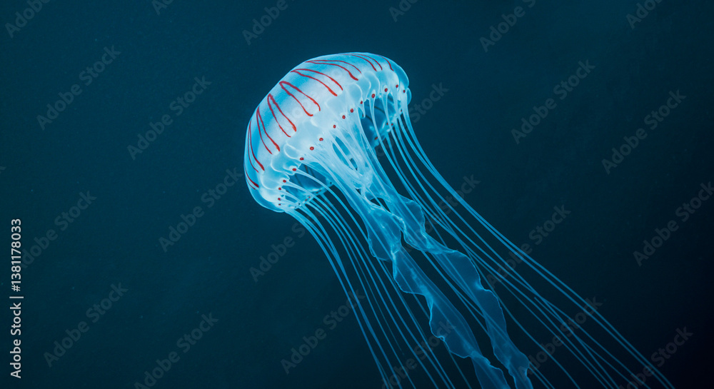 Bioluminescent jellyfish swimming in deep ocean waters Bioluminescent jellyfish swimming in deep ocean waters