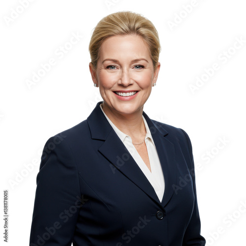 Portrait of a smiling blonde woman in a navy suit and white blouse against a black background on transparent background