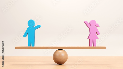Gender equality concept Balanced wooden seesaw with blue male and pink female figures, 3d render