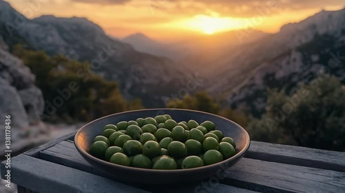 Bowl of green olives presented on a table with a stunning mountain sunset in the background