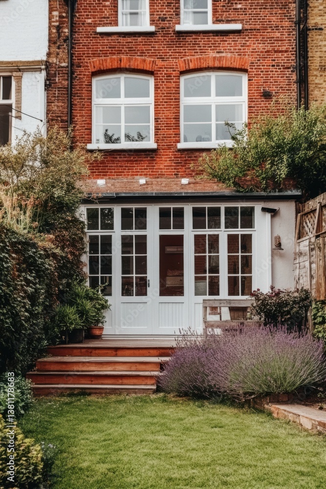 Charming red brick house with a lush garden showcasing well-maintained steps and vibrant lavender in full bloom during a bright day Charming red brick house with a lush garden showcasing well-maintained steps and vibrant lavender in full bloom during a bright day