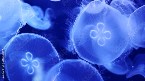 Moon jellyfish swimming in dark blue water creating a beautiful abstract