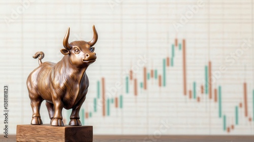 A bronze bull statue symbolizes market growth, positioned in front of a fluctuating financial chart, representing investment and trading themes.