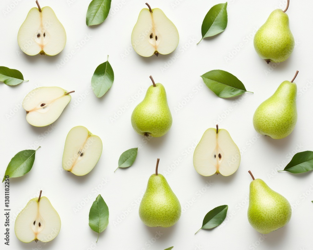 Green Pears and Leaves Flat Lay Pattern on Light Gray Background Green Pears and Leaves Flat Lay Pattern on Light Gray Background