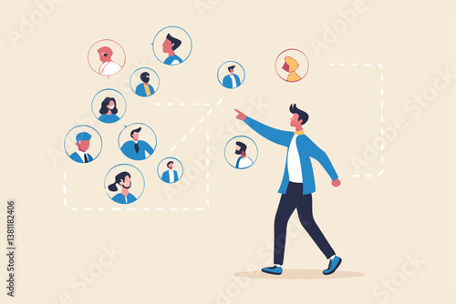 Reorganization or reorg to adjust, allocate resources, change team structure for efficiency, restructure organization, department and job roles concept, businessman ceo reorganize employee role chart.