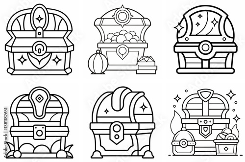 Treasure Vintage Scene Outline Coloring Book Page Line Art Drawing Set