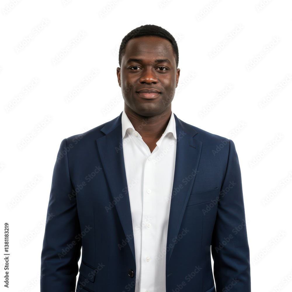 Portrait of a dark skinned man in a suit and white shirt against a black background looking forward on transparent background Portrait of a dark skinned man in a suit and white shirt against a black background looking forward on transparent background